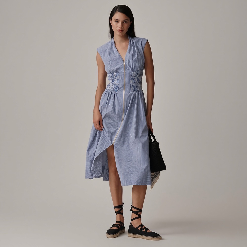 Anthropologie Tommie Smocked Front-Zip Shirt Dress Blue White Stripe S